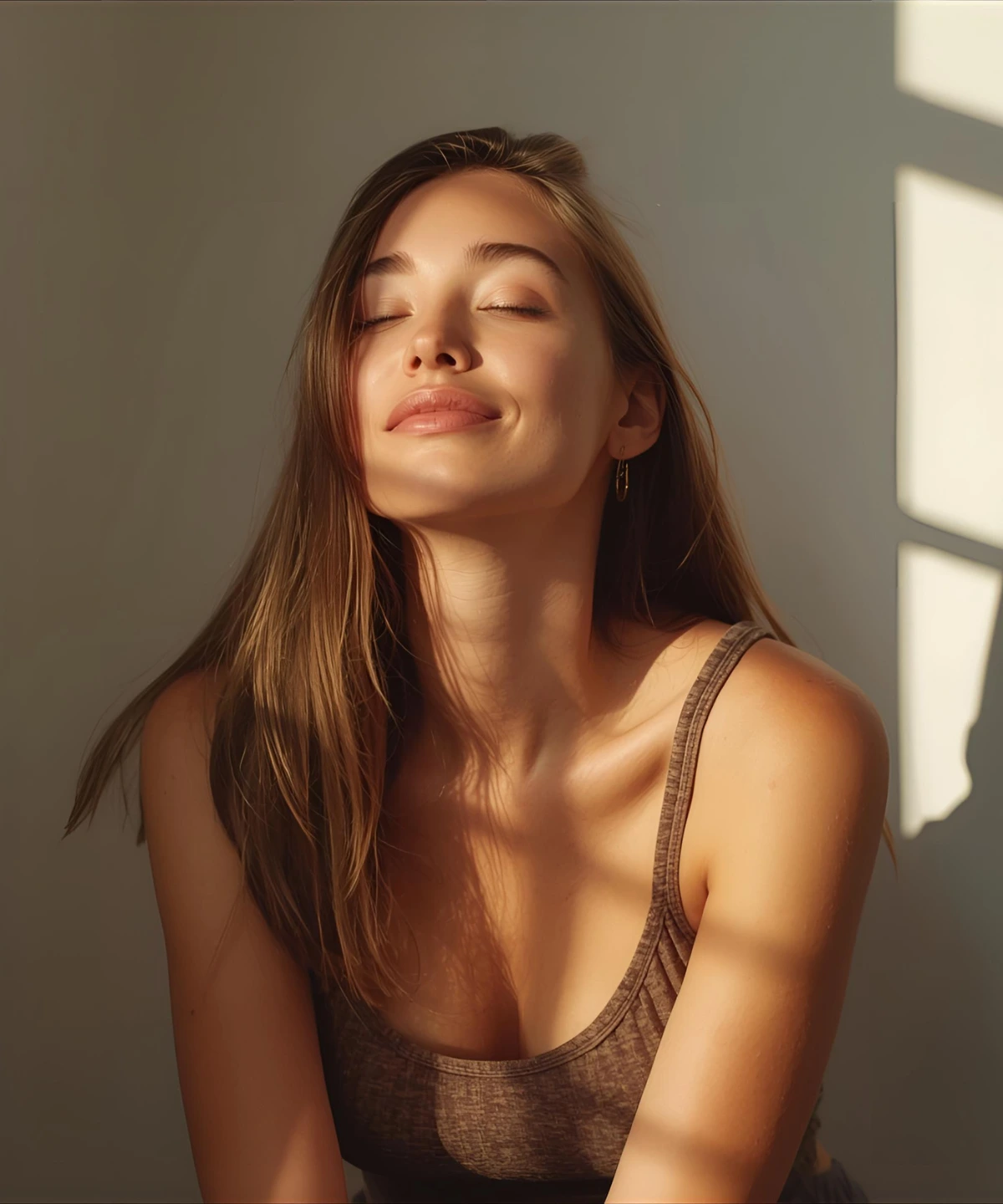 Woman with closed eyes and a gentle smile in warm natural light, symbolizing calmness, self-love, and inner peace. Positive Communication with Yourself.